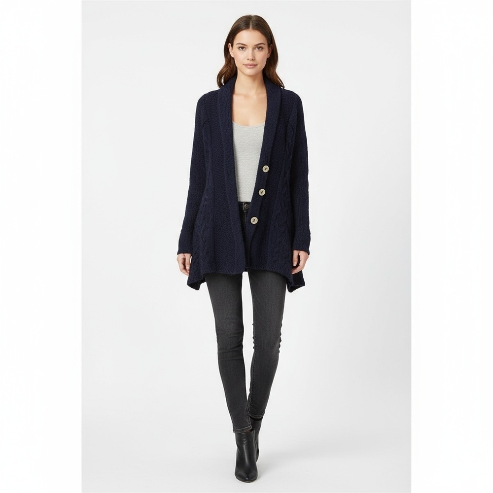 Free People Far Away Cable Knit Cardigan Womens Size M Blue Shawl Collar - Picture 1 of 13